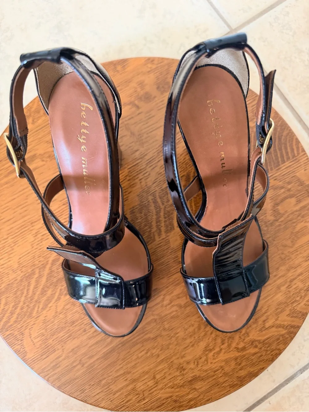 Bettye Muller Retro Black Patent Platform Sandals with Wood-Effect Block 4” Heel